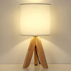 HAITRAL Small Bedside Table Lamp - Wooden Tripod Nightstand Lamp for Bedroom, Living Room, Office, Farmhouse, Home with Fabric Shade, White