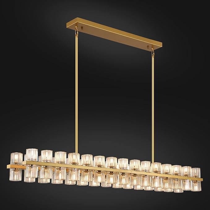 Crystal Gold Rectangular Chandelier for Dining Room,54in Dining Chandeliers Over Table,Modern Chandelier for Dining Room,Arcachon Chandelier Kitchen Island Chandeliers,Includes 60XG4 Bulbs