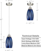 Mini Art Glass Dark Blue Pendant Lights Kitchen Island Hand Blown Mini Glass Pendant Lights with Brush Nickel Finish Adjustable Cord for Kitchen Over Sink,Hallway,Dining Room,Stairsway