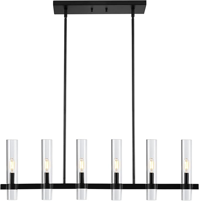 Untrammelife Modern 6-Light Linear Chandelier in Coal Black Finish 36" Farmhouse Rectangle Dining Room Light with Clear Glass Shade Linear Island Pendant Light for Kitchen Island Bedroom