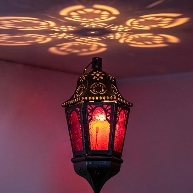DECORKEY Lantern Decorative Indoor & Outdoor, 13.6’’ Moroccan Style Vintage Decorative Hanging Lantern with Chian for Home Porch Patio Decor, Metal Christmas Halloween Ramadan Candle Holders(Purple)