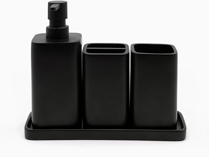 ZCCZ Matte Black Bathroom Accessory Sets, 4 Pieces Bathroom Accessories Complete Set Vanity Countertop Accessory Set, Includes Lotion Dispenser Soap Pump, Tumbler, Toothbrush Holder and Tray