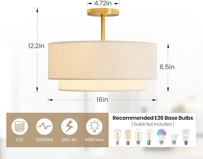 Double Drum 3 Light Semi Flush Mount Ceiling Light, Close to Ceiling Light Fixture, 16 Inch with Fabric Linen Shade, Gold Brass, for Living Room, Bedroom, Dining Room,Hallway and Entryway