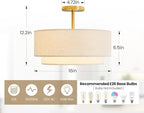 Double Drum 3 Light Semi Flush Mount Ceiling Light, Close to Ceiling Light Fixture, 16 Inch with Fabric Linen Shade, Gold Brass, for Living Room, Bedroom, Dining Room,Hallway and Entryway