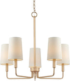 Chandelier, Muted Gold with White Fabric Shade, Farmhouse Linear Island Lighting Fixture for Kitchen, Dining Room (5-Light Muted Gold with Fabric Shades)