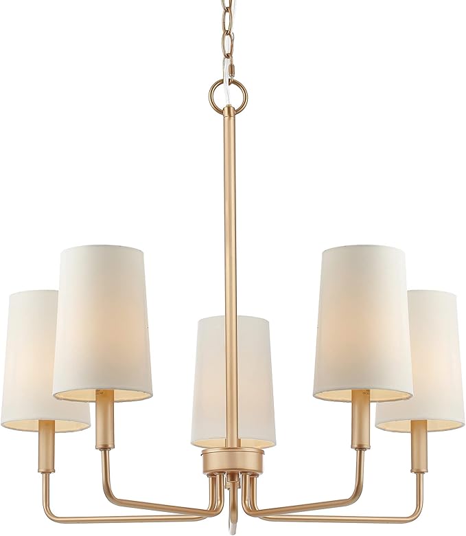 Chandelier, Muted Gold with White Fabric Shade, Farmhouse Linear Island Lighting Fixture for Kitchen, Dining Room (5-Light Muted Gold with Fabric Shades)