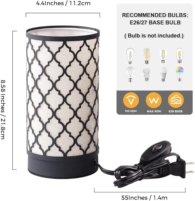 Cerdeco Small Table Lamp with Two-Tier Linen Shade and Black Metal Floral Cut-Out Pattern,Bedside Lamp,Easy Intallation,E26 Socket Lamp(Bulb is not Included), Desk Lamp for Bedroom,Living Room,Home