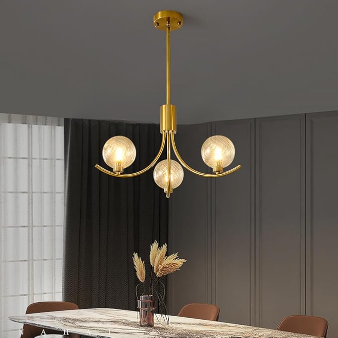 Gold Modern Chandelier with 3 Glass Globe Bulbs - Adjustable Height & Colour Temperature, Gilded lamp Post, Elegant Lighting for Living Room, Bedroom or Study