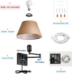 Swing Arm Wall Sconces, Plug-in Wall lamp,Bedroom Wall lamp ， White Fabric Shade with dimmable Switch and USB Charging Port,Suitable for Bedside,Living Room,Reading (Black. Gold Shadow)