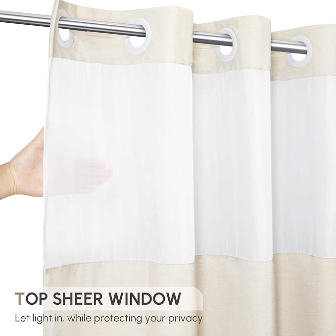 WELTRXE No Hook Shower Curtain with Snap in Liner, 230GSM Waterproof Fabric Hotel Luxury Weighted Bath Curtain with See Through Mesh Top Window, Machine Washable, 72 x 74 Inch, Beige