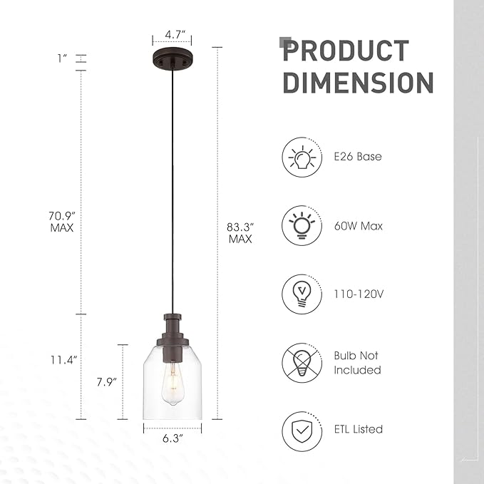 zeyu 1-Light Pendant Light Fixtures for Kitchen Bedroom, Farmhouse Hanging Pendant Light, Clear Glass Shade, Oil Rubbed Bronze Finish, ZG33M1L-L ORB
