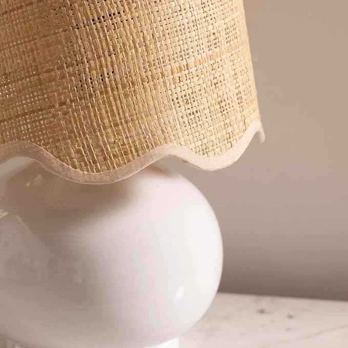 BoutiqueRugs Navarro Boho Ceramic Bedside Table Lamp for Bedroom Nightstand and Living Room - Shade Rattan - White, Beige - 13" H