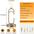 Mid Century C-Shape Table Lamp Gold 2-Light Globe Dimmable Table Lamp with Milk White Glass Gold Nightstand Lamp for Bedroom Bedside,G9 Bulb(Not Included)