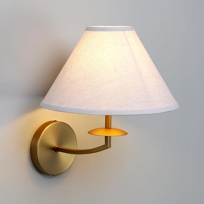 PERMO Vintage Wall Sconce Classic Sconces wiht Linen Fabric Shade Antique Gold Wall Sconces Hardwired Indoor Wall Lights for Living Room Bathroom Bedroom Hallway