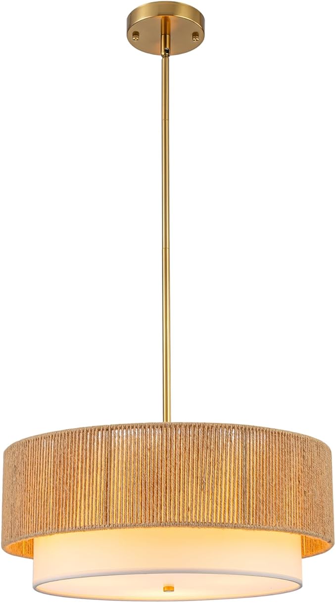 Rattan Farmhouse Chandeliers for Dining Room，Rattan Pendant Light Fixture Boho Light Fixtures with Fabric Shade Chandeliers for Bedroom Dining Room Foyer Kitchen Hallway Farmhouse（Gold）