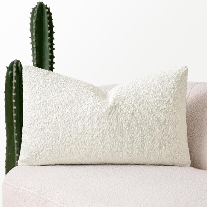 MIULEE Textured Boucle Throw Pillow Cover White Accent Solid Lumbar Christmas Pillow Case Decorative Soft Pack of 1 Couch Cushion Chair Sofa Bedroom Livingroom Home Decor,22x14 Inch