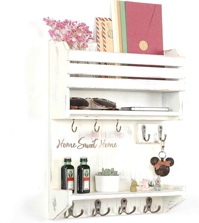 Key Holder, Wall Mounted Mail Organizer, Keys Holder on Wall with 9 Key Hooks, Cream-Colored