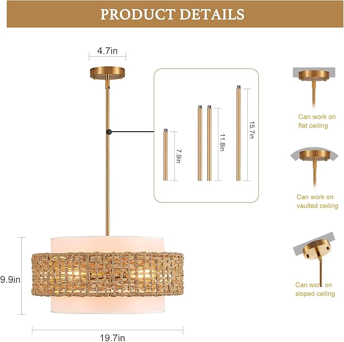19.7" Rattan Chandelier with Linen Farmhouse Boho Hand Woven Bamboo Chandeliers Light Fixture Modern Drum Wicker Rattan Gold Chandelier for Dining Room, Kitchen, Living Room,Foyer