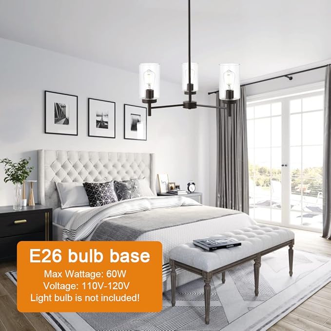 VINLUZ Contemporary 3-Light Chandeliers Rustic Clear Glass Shades Pendant Lighting Oil Rubber Bronze Dining Room Lighting Fixtures Hanging Adjustable Wire Semi Flush Ceiling Lights