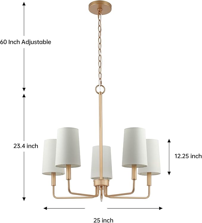 Chandelier, Muted Gold with White Fabric Shade, Farmhouse Linear Island Lighting Fixture for Kitchen, Dining Room (5-Light Muted Gold with Fabric Shades)