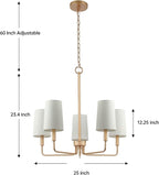 Chandelier, Muted Gold with White Fabric Shade, Farmhouse Linear Island Lighting Fixture for Kitchen, Dining Room (5-Light Muted Gold with Fabric Shades)