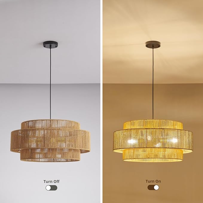 3-Tier Large Rattan Chandeliers, 23.6in Woven Boho Coastal Pendant Lights for Dining Room