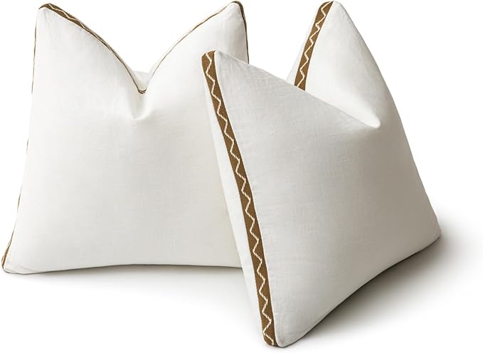 Decorative Neutral Linen Throw Pillow Covers 20x20 Inch Set of 2, Cream White Boho Farmhouse Pillow Covers with Braid Fringe for Sofa Bed Modern Couch Pillow Cases for Organic Home Decor