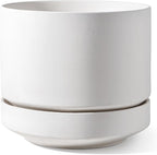 LE TAUCI Large 14 Inch Plant Pot with Saucer | Ceramic Outdoor & Indoor Big Planter Pot | Drainage Hole, Mesh Pad & Plug | Unglazed Porous | Modern Minimalist for Home and Patio – Chalk White