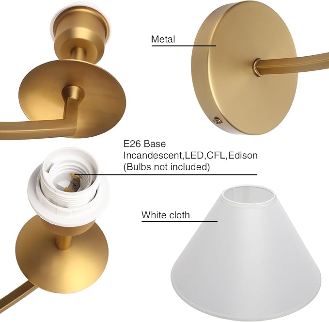 PERMO Vintage Wall Sconce Antique Rustic Gold Sconces wiht White Textile Fabric Shade Hardwired Sconce Indoor Wall Lights for Living Room Bedroom Kitchen Dining Room Home Office