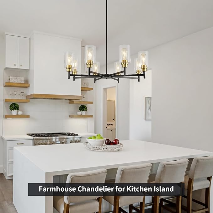Black Chandeliers for Dining Room, Farmhouse Chandeliers 8 Light Dining Room Light Fixture with Clear Glass Shades Gold Pendant Lighting for Kitchen Island Living Room Entryway Staircase