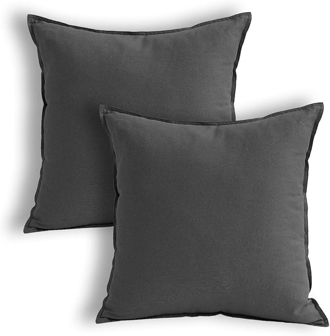 Jeanerlor Solid Cotton Linen Decoration Throw Pillow Cover Dark Grey Cushion Case vhc Pillow Cover Decorative Waist Pillowcase for Couch/Bed/Chair 18"x18" 2 pack