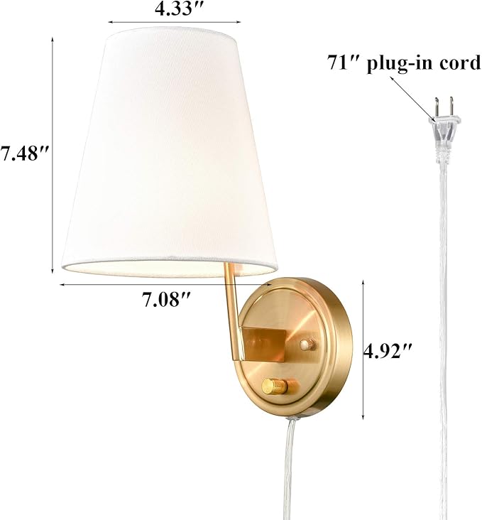 Bedroom Bedside Wall Lamps Set of 2 Gold Brass Plug in Wall Sconce Fabric Shade for Living Room