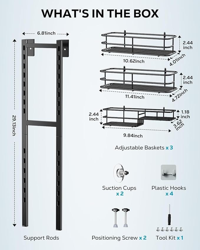 Nieifi Over the Door Shower Caddy, Adjustable 3 Tier Hanging Shower Organizer with Soap Holder Bathroom Shelves with Hooks, Black