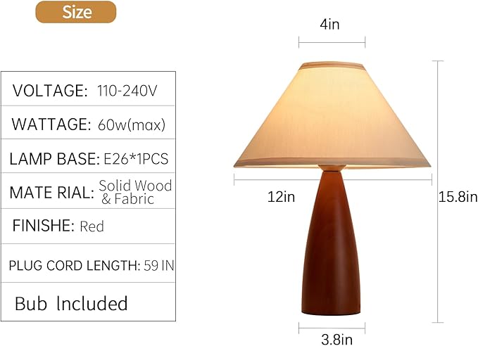 Bedside Table Lamp for Bedroom, Mid-Century Modern Plug in Fabric Shade & Solid Wood Base Desk Lamp, Plug & Play Warm Brown Nightstand Lamp for Living Room, Office, Switch Power Cord 【Bulb Included】