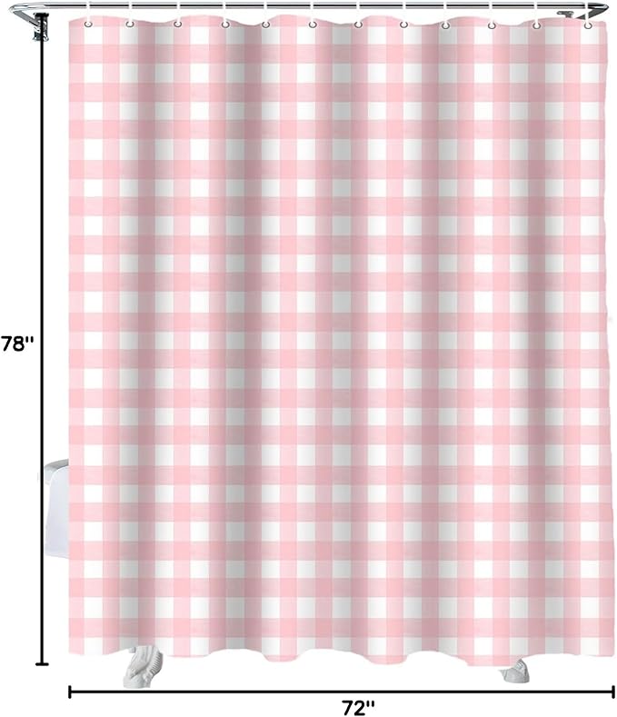 Christmas Shower Curtain, Rustic Pink White Buffalo Check Plaid Pattern Shower Curtains Set with Hooks, Farmhouse Waterproof Fabric Bathroom Curtains Decor Home Accessories,72 X 78 Inch Long