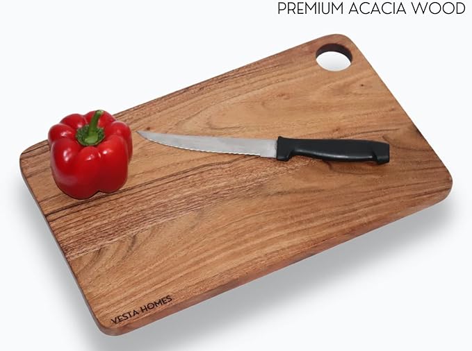 Vesta Homes Wooden Chopping Board, Cutting Board, Serving Tray for Kitchen Vegetables, Fruits & Cheese | Natural Acacia Wood | Natural Color, 35x21.5x1.5 cm | Handcrafted in India