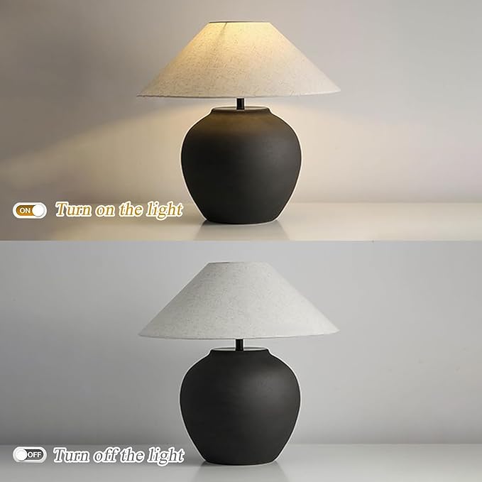 Rustic Farmhouse Table Lamps, Black 21.6” Tall Ceramic Table Lamp, Simple Textured Ceramic Lamp Body with White Textured Shade Bedside Table Lamp for Living Room Bedroom Office (Black)