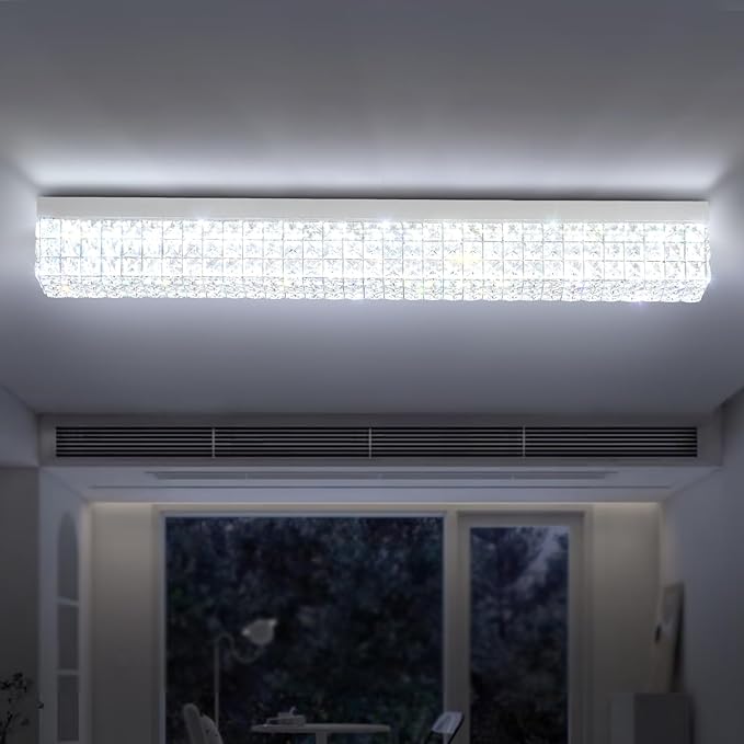 L 40" Modern Rectangle Chandelier Silver Rectangular Flush Mount Chandelier Crystal Ceiling Light Fixture for Dining Living Room Kitchen Island