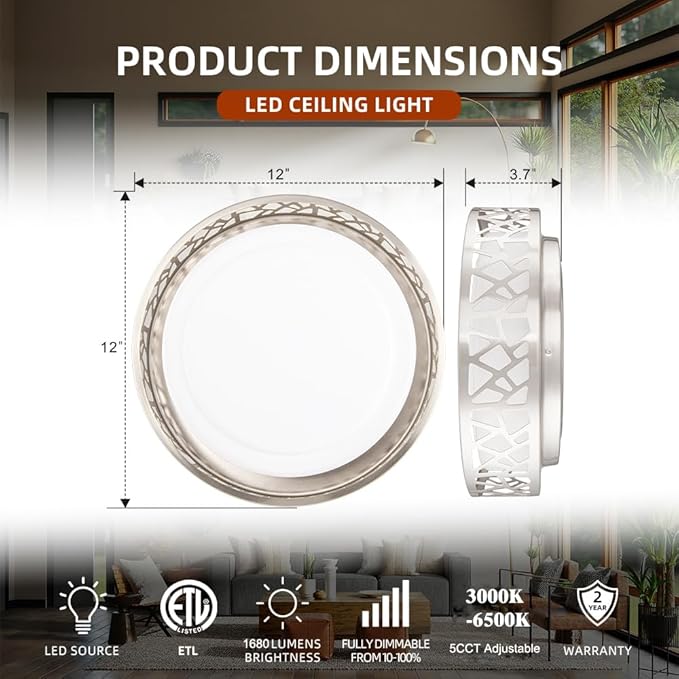 Flush Mount Ceiling Light,12 Inch LED Ceiling Lights, 20W 3000K/3500K/4000K/5000K/6000K Flush Mount Light Fixture with Brush Nickel Finished, Frosted Glass Shade for Bedroom, Kitchen,Hallway