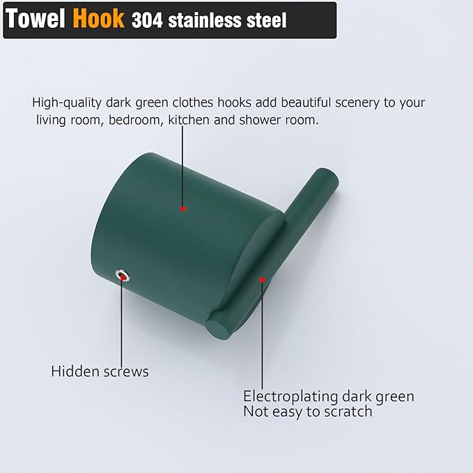 RANDOM Dark Green Towel Hooks for Bathrooms Round Shower Hooks SUS304 Stainless Steel Wall Mount Coat Hooks.96068-8DKG