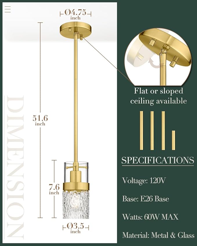 LMS 2-Pack Modern Pendant Lights, Brushed Gold Pendant Light Kitchen Island with Hammered Glass, Adjustable Hanging Light Fixtures for Kitchen, Dining Room, Living Room, LMS-171GD2