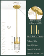 LMS 2-Pack Modern Pendant Lights, Brushed Gold Pendant Light Kitchen Island with Hammered Glass, Adjustable Hanging Light Fixtures for Kitchen, Dining Room, Living Room, LMS-171GD2