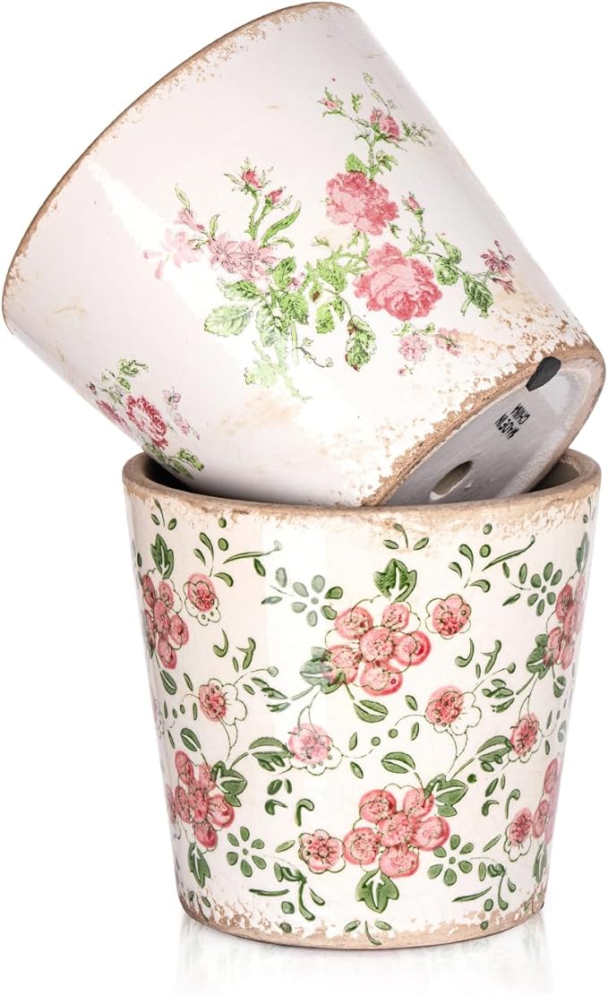 Sungmor Vintage Ceramic Planter Set of 2 - Decorative Indoor & Outdoor Flower Pots with Drainage Holes - Tuscan Décor Pots, 5.5" Ice Crackle Glaze Planters for Home, Kitchen, Patio, and Garden