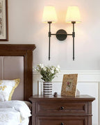 PERMO Classic Rustic Double Sconce 2-Lights Wall Sconce Lighting Fixture with Flared White Textile Lamp Shade and and Black Finished Long Arm,Wall Sconce Light Fixture for Bathroom Bedroom Bedside
