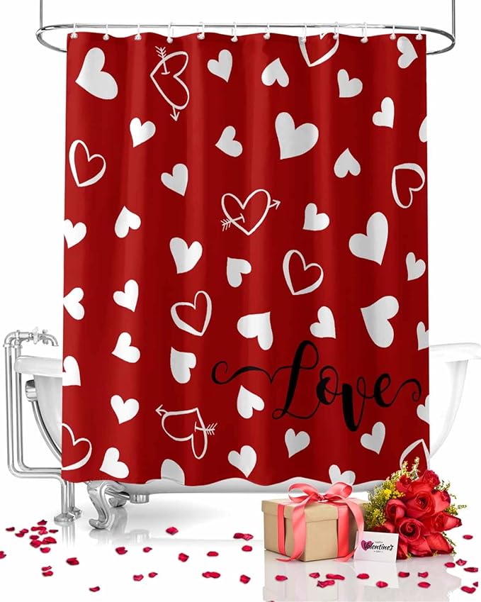 Vandarllin Red Shower Curtain, Love Heart Shower Curtains Set with Hooks, Waterproof Fabric Bathroom Curtains Decor Home Accessories,Stall 48 X 72 Inch
