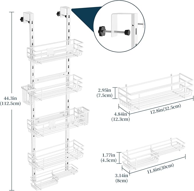 Consumest Over The Door Shower Caddy - 5 Tier Adjustable Shower Organizer Hanging with 2 Toothbrush Holders & 4 Hooks, Rustproof Oragnizer Shelf, Storage Rack for Bathroom, White