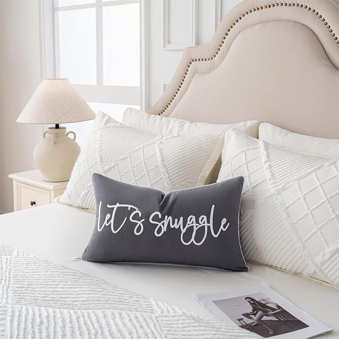 Sunkifover Let's Snuggle Decorative Lumbar Pillow Cover - 12x20 Inch Dark Grey Cotton Embroidery Throw Pillowcase for Bed, Bedroom, Living Room, Home Decor