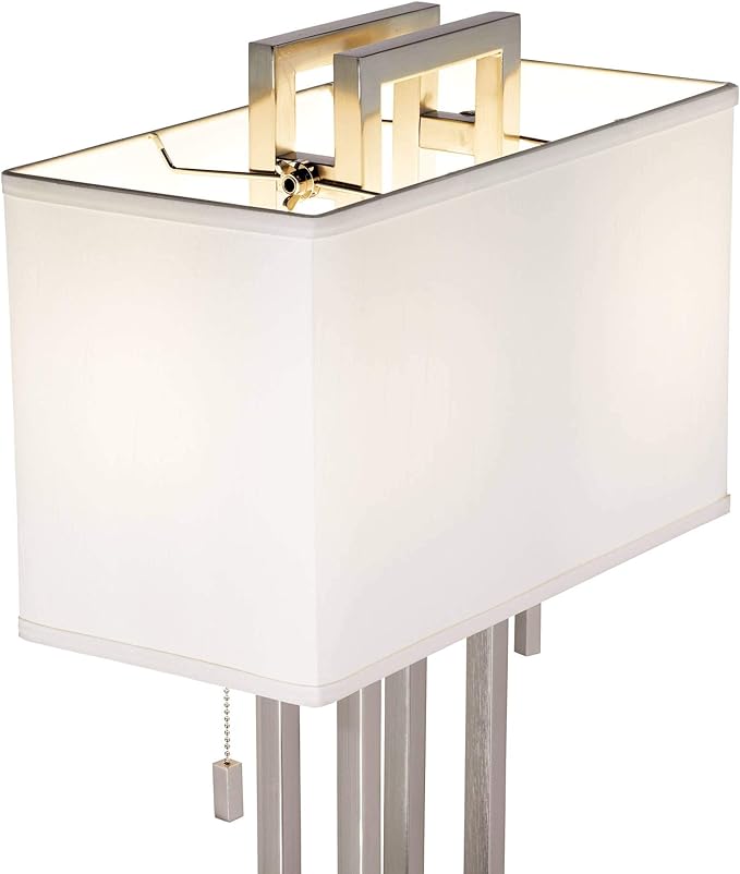 Possini Euro Design Modern Standing Floor Lamp Double Tier 62" Tall Brushed Nickel Silver Openwork Rectangular Off White Fabric Shade Decor for Living Room Reading House Bedroom Home