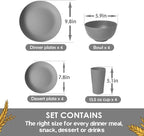 Teivio 16-Piece Kitchen Plastic Wheat Straw Dinnerware Set, Service for 4, Dinner Plates, Dessert Plate, Cereal Bowls, Cups, Unbreakable Plastic Outdoor Camping Dishes, Grey