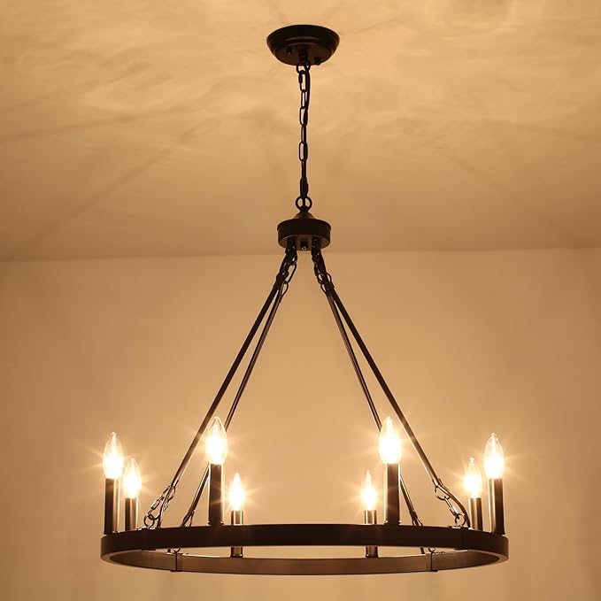 Black Wagon Wheel Chandelier Diam 26 inch 8 Light Black Farmhouse Chandeliers for Dining Room Rustic Round Pendant Light Fixtures for Living Room Kitchen Island Foyer Entryway